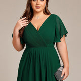 Women's Pleated Wrap Midi Dress, Flutter Sleeves