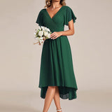 Women's Pleated Wrap Midi Dress, Flutter Sleeves