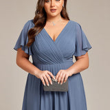 Women's Pleated Wrap Midi Dress, Flutter Sleeves