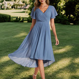 Women's Pleated Wrap Midi Dress, Flutter Sleeves