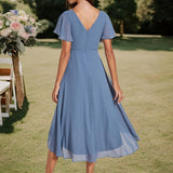 Women's Pleated Wrap Midi Dress, Flutter Sleeves