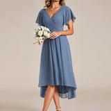 Women's Pleated Wrap Midi Dress, Flutter Sleeves