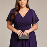 Women's Pleated Wrap Midi Dress, Flutter Sleeves