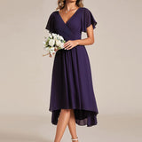 Women's Pleated Wrap Midi Dress, Flutter Sleeves