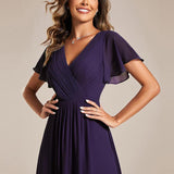 Women's Pleated Wrap Midi Dress, Flutter Sleeves