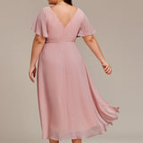 Women's Pleated Wrap Midi Dress, Flutter Sleeves
