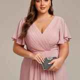 Women's Pleated Wrap Midi Dress, Flutter Sleeves