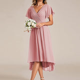 Women's Pleated Wrap Midi Dress, Flutter Sleeves