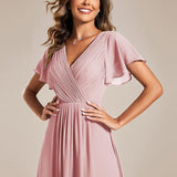 Women's Pleated Wrap Midi Dress, Flutter Sleeves