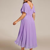 Women's Pleated Wrap Midi Dress, Flutter Sleeves