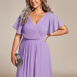 Women's Pleated Wrap Midi Dress, Flutter Sleeves
