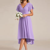 Women's Pleated Wrap Midi Dress, Flutter Sleeves