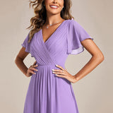 Women's Pleated Wrap Midi Dress, Flutter Sleeves