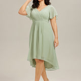 Women's Pleated Wrap Midi Dress, Flutter Sleeves