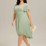 Women's Pleated Wrap Midi Dress, Flutter Sleeves