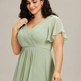 Women's Pleated Wrap Midi Dress, Flutter Sleeves