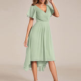 Women's Pleated Wrap Midi Dress, Flutter Sleeves