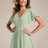 Women's Pleated Wrap Midi Dress, Flutter Sleeves