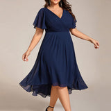 Women's Pleated Wrap Midi Dress, Flutter Sleeves
