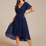 Women's Pleated Wrap Midi Dress, Flutter Sleeves