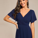 Women's Pleated Wrap Midi Dress, Flutter Sleeves