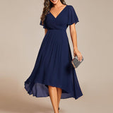 Women's Pleated Wrap Midi Dress, Flutter Sleeves