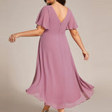Women's Pleated Wrap Midi Dress, Flutter Sleeves