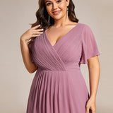 Women's Pleated Wrap Midi Dress, Flutter Sleeves