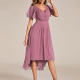 Women's Pleated Wrap Midi Dress, Flutter Sleeves