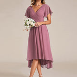 Women's Pleated Wrap Midi Dress, Flutter Sleeves