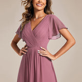 Women's Pleated Wrap Midi Dress, Flutter Sleeves