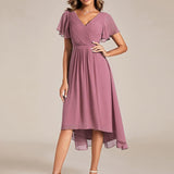 Women's Pleated Wrap Midi Dress, Flutter Sleeves
