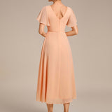 Women's Pleated Wrap Midi Dress, Flutter Sleeves