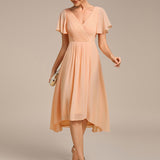 Women's Pleated Wrap Midi Dress, Flutter Sleeves
