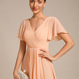 Women's Pleated Wrap Midi Dress, Flutter Sleeves