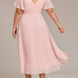 Women's Pleated Wrap Midi Dress, Flutter Sleeves