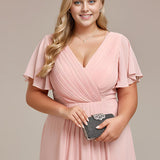 Women's Pleated Wrap Midi Dress, Flutter Sleeves