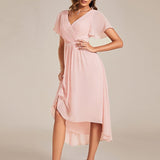 Women's Pleated Wrap Midi Dress, Flutter Sleeves