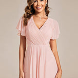 Women's Pleated Wrap Midi Dress, Flutter Sleeves