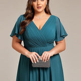 Women's Pleated Wrap Midi Dress, Flutter Sleeves