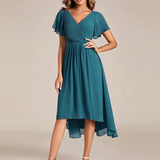 Women's Pleated Wrap Midi Dress, Flutter Sleeves