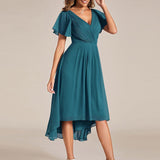Women's Pleated Wrap Midi Dress, Flutter Sleeves