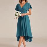 Women's Pleated Wrap Midi Dress, Flutter Sleeves