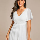 Women's Pleated Wrap Midi Dress, Flutter Sleeves