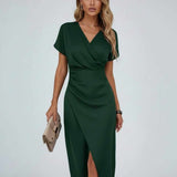 Women's Wrap Midi Dress, V-Neck and Split Hem