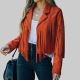 Women's Cropped Suede Fringe Notch-Collar Jacket
