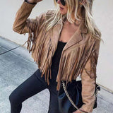 Women's Cropped Suede Fringe Notch-Collar Jacket