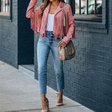 Women's Cropped Suede Fringe Notch-Collar Jacket
