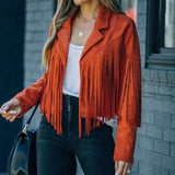 Women's Cropped Suede Fringe Notch-Collar Jacket