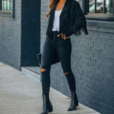 Women's Cropped Suede Fringe Notch-Collar Jacket